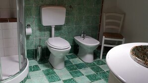 A bathroom with a toilet, bidet, and shower. - Salvia is an independent loft located on the ground floor, featuring a small private courtyard furnished with chairs and a table. The space consists of an open-plan area with a sofa bed and equipped kitchen, as well as a spacious bathroom with a shower.  (Santo Stefano di Camastra)
