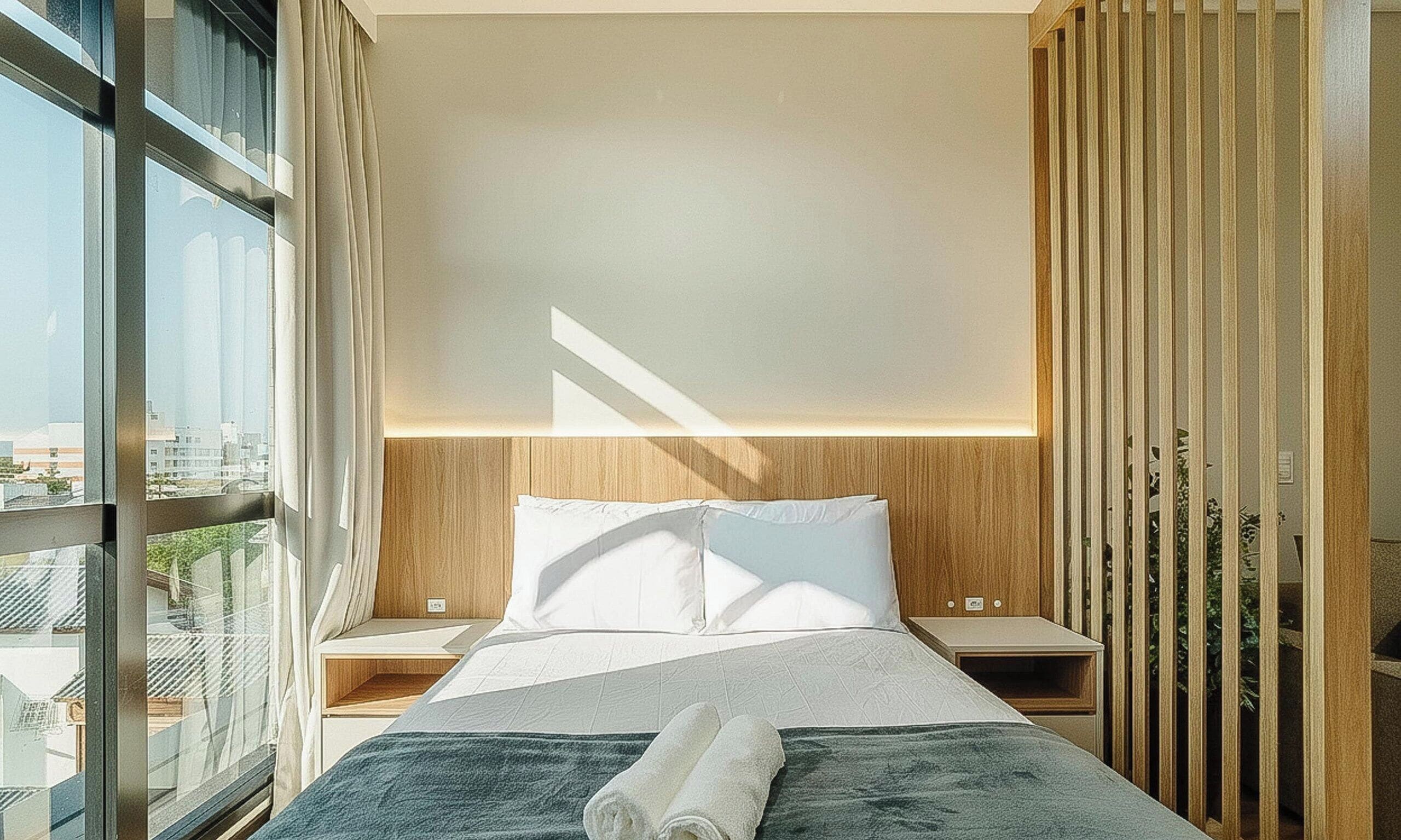 A modern hotel room with a large bed, a view through the window, and a wooden partition.