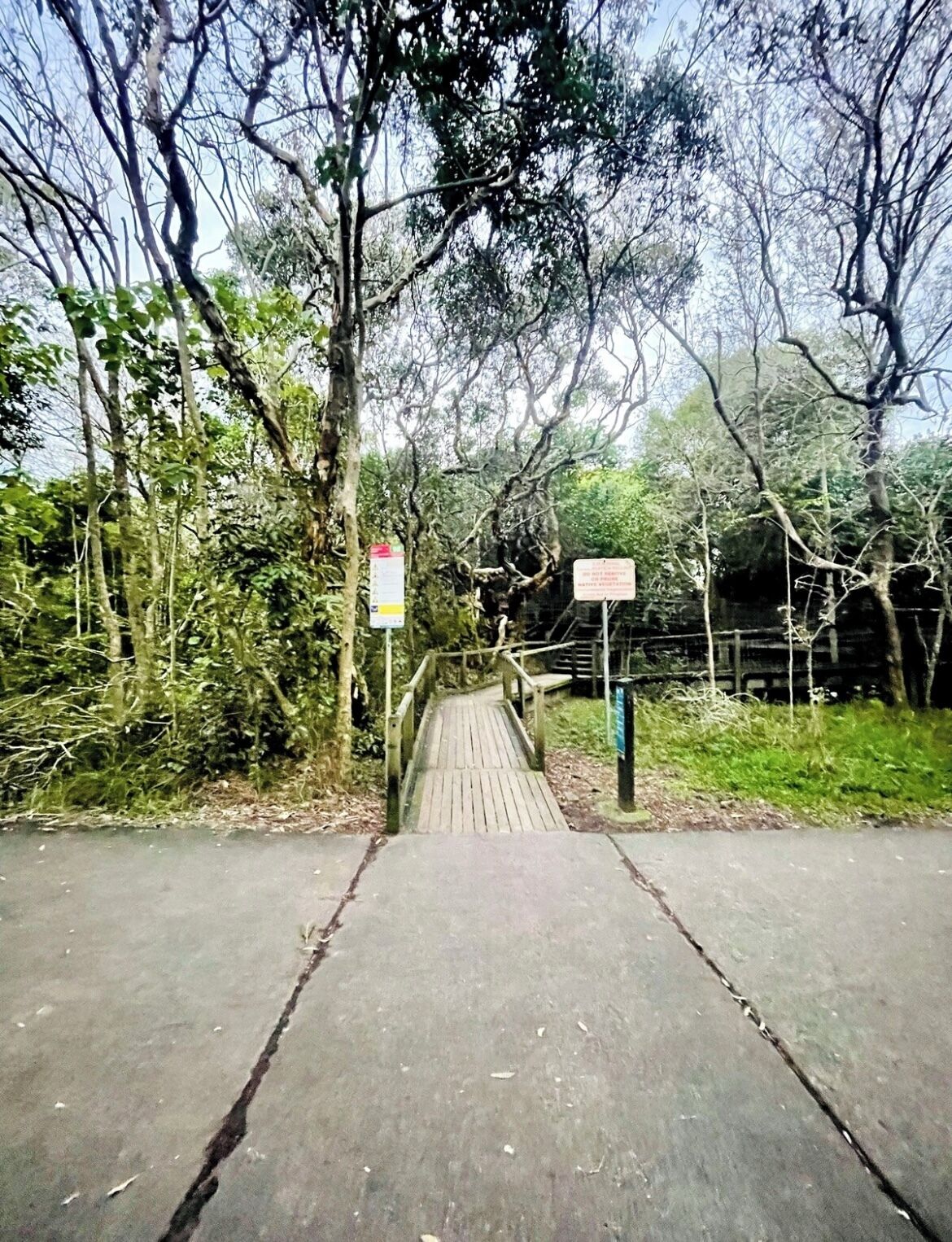 Eine Holzbrücke, die zu einem Park mit Bäumen und einem Schild führt.