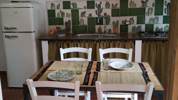 Eine Küche mit einem weißen Kühlschrank, einer Spüle und einem Herd. Ein Tisch mit Stühlen und eine Wandverkleidung mit Kaktus-Motiv vorhanden.