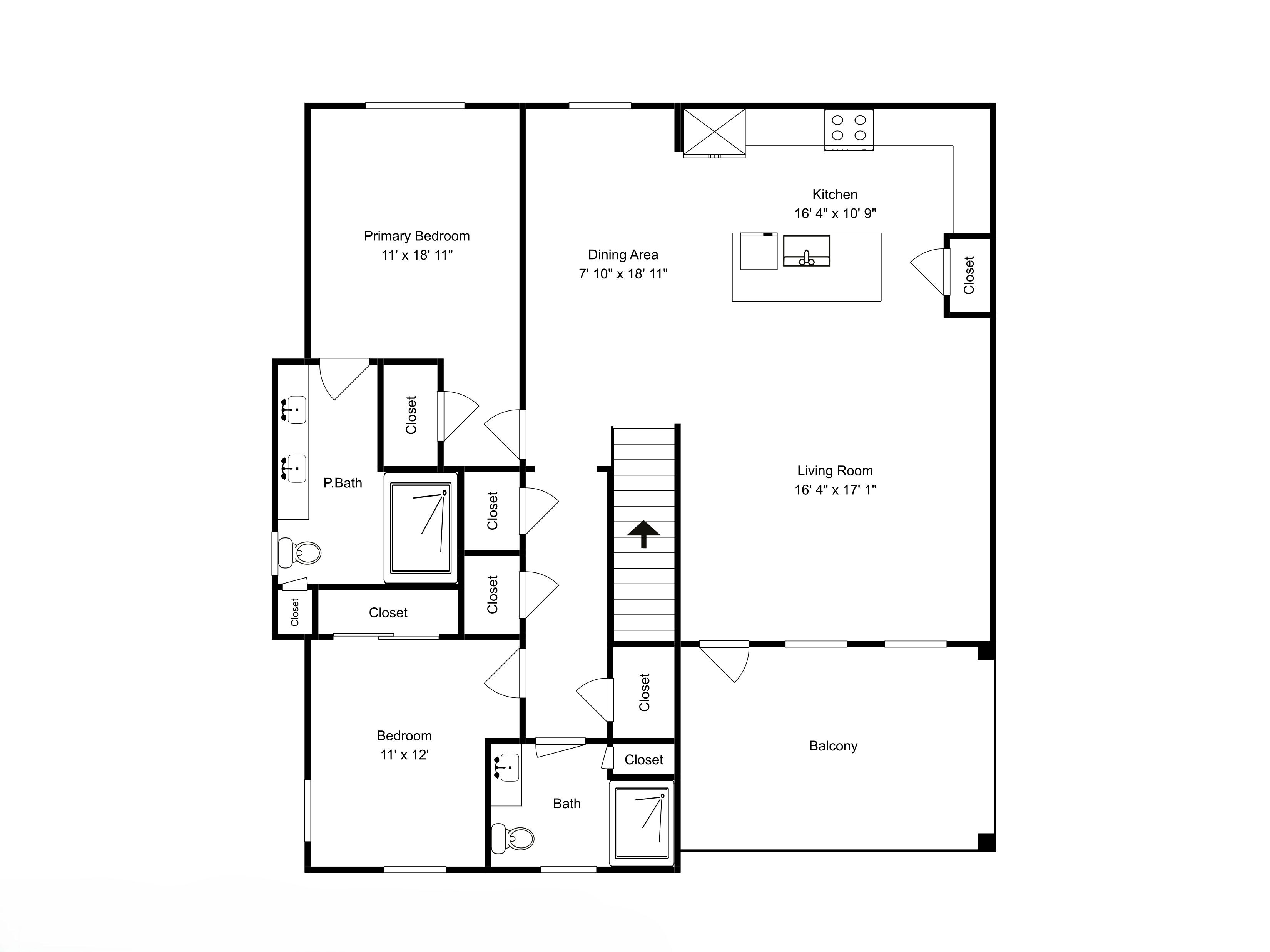 A floor plan of a hotel room with a primary bedroom, dining area, kitchen, living room, balcony, and bathroom.