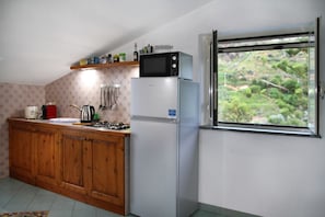 Una cucina con mobili in legno, un frigorifero bianco, un forno a microonde e una finestra vista verde.