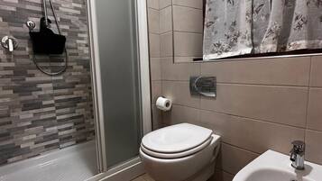 Shower, hair dryer, bidet, towels