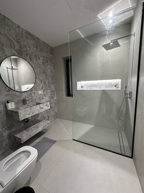 Regadera, secadora de cabello, bidet, toallas 