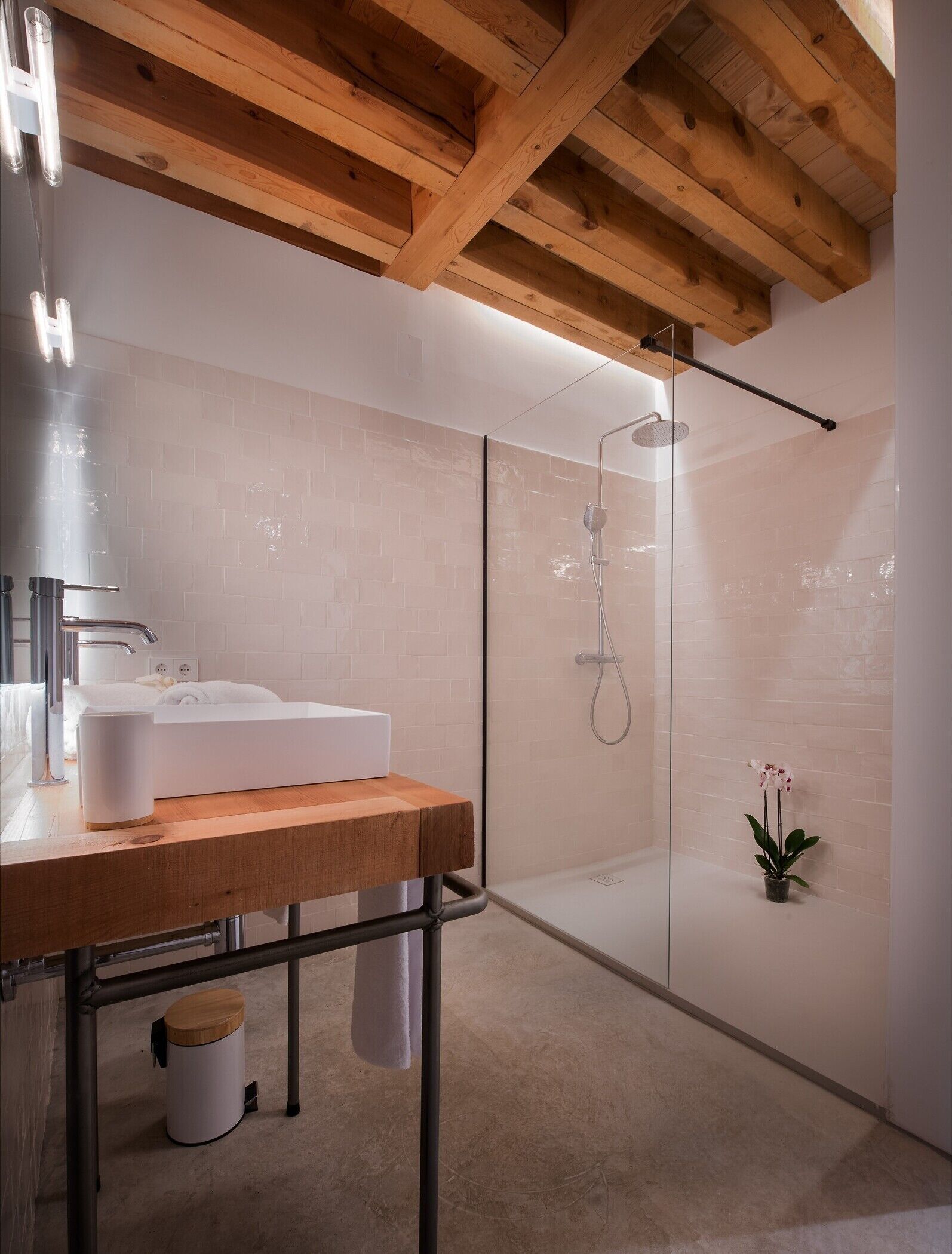 A modern bathroom with a wooden ceiling, a glass shower enclosure, a white sink, and a small potted plant.