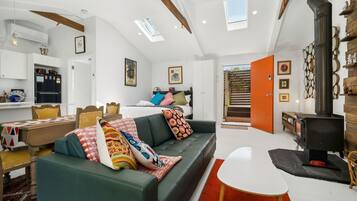 Smart TV, fireplace, DVD player, books