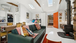 Smart TV, fireplace, DVD player, books