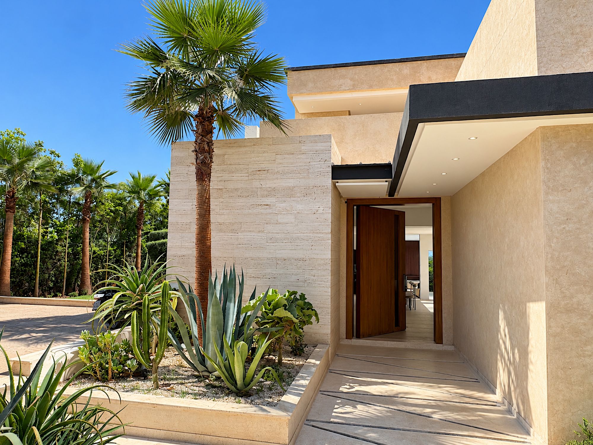 A modern building with a minimalist design, featuring a central palm tree and various desert plants.