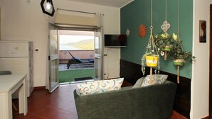 Un salon avec un canapé, un téléviseur et des plantes suspendues.