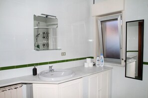 Ein Badezimmer mit einem weißen Waschbecken, einer Duschkabine aus Glas, einem Spiegel und einem Fenster.