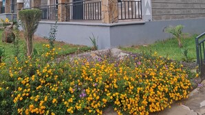 Ένα διώροφο σπίτι με μπαλκόνι, πέτρινα κολόνα και έναν κήπο γεμάτο κίτρινα λουλούδια.