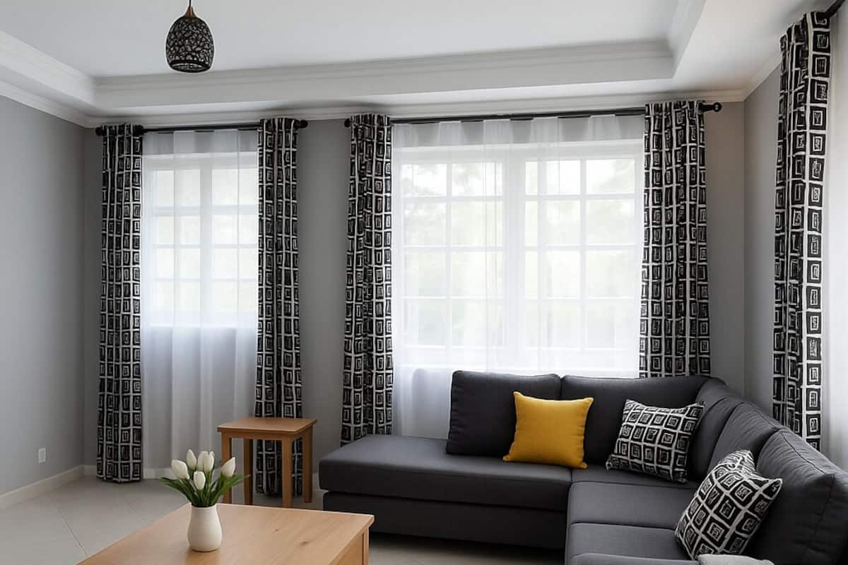 A modern living room with a grey sofa, a wooden coffee table, and patterned curtains.
