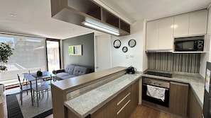 Großer Kühlschrank, Mikrowelle, Ofen, Herdplatte