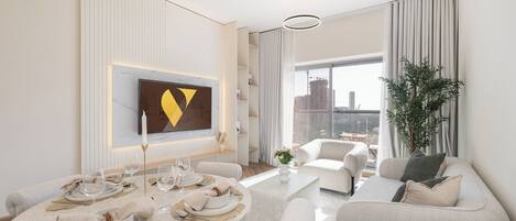 Luxury Apartment, Balcony, Pool View | Living area