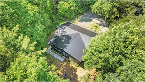 An aerial view of a house surrounded by dense greenery. - 4 Acres + 4BR Secluded Cabin w Hot Tub & Fire Pit. Next to Blue Ridge Parkway! (Newland)
