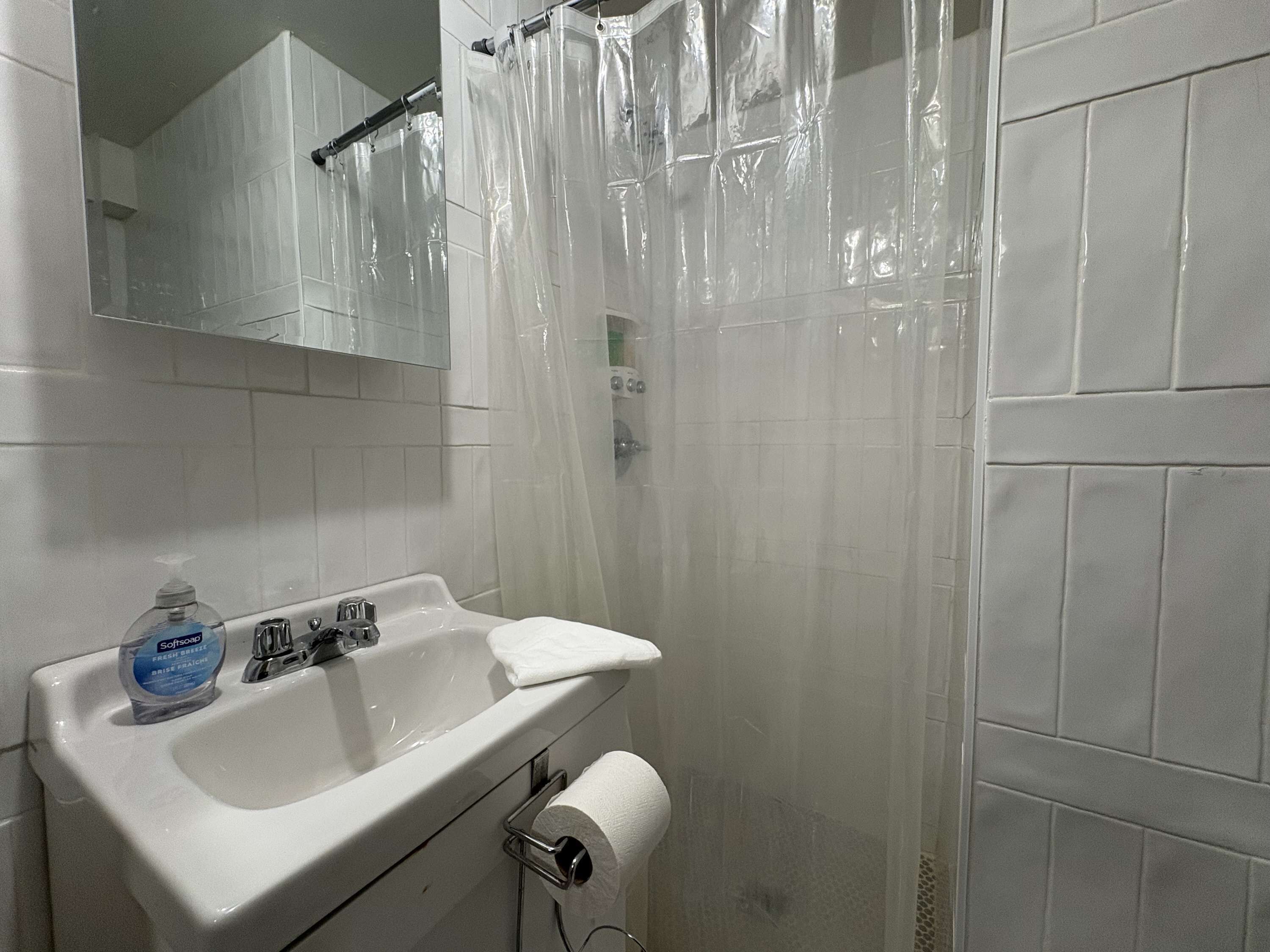 Douche, sèche-cheveux, serviettes fournies, savon