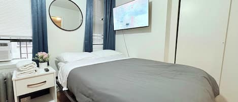 A bedroom with a bed, a TV, a mirror, a window with curtains, a radiator, and a bedside table with a lamp and a plant.