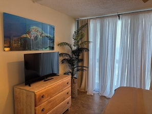 Una habitación con televisión sobre un aparador de madera, una planta grande en maceta y una ventana con cortinas translúcidas.