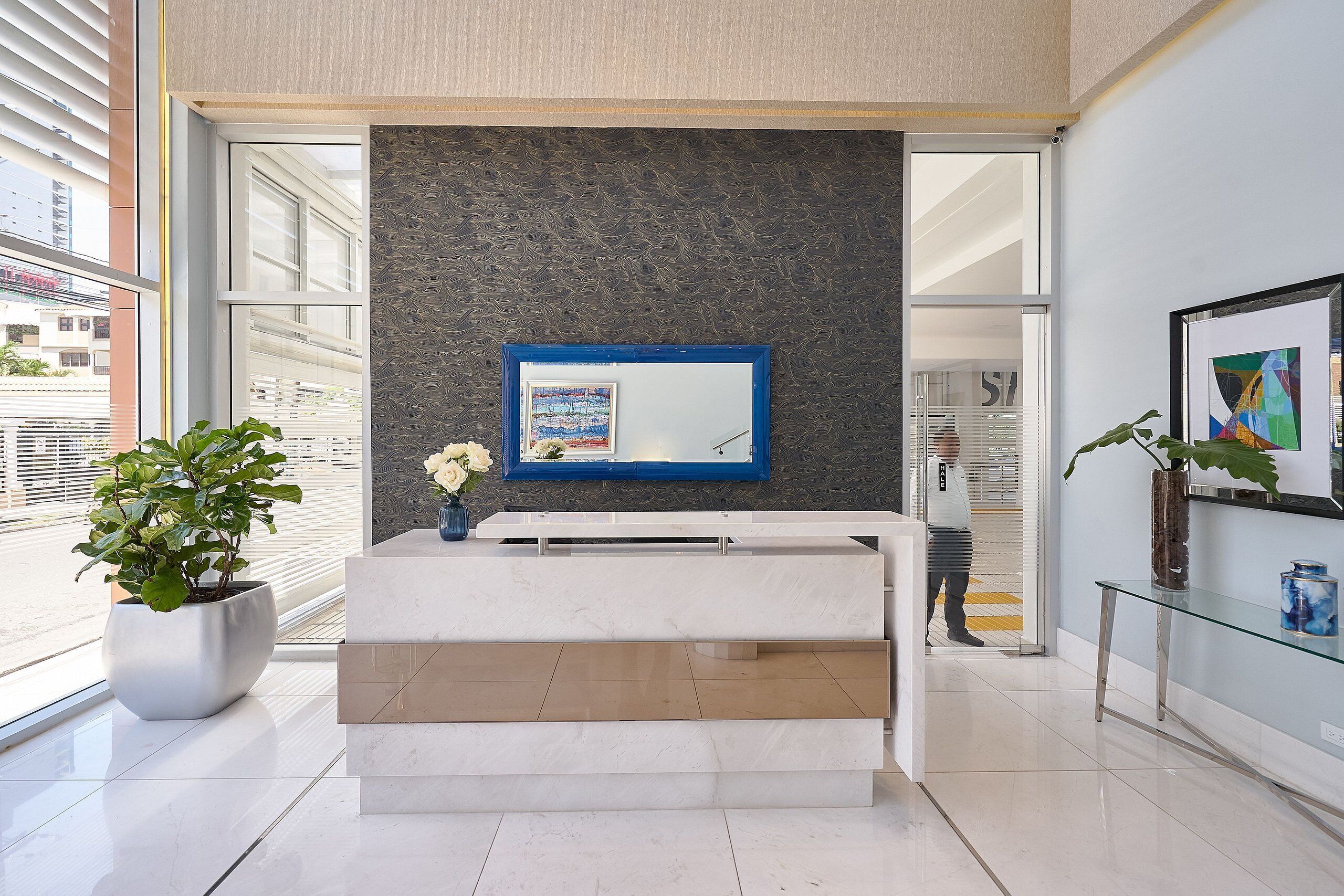 Un área de recepción moderna con una mesa de recepción, un espejo grande y una planta en maceta.