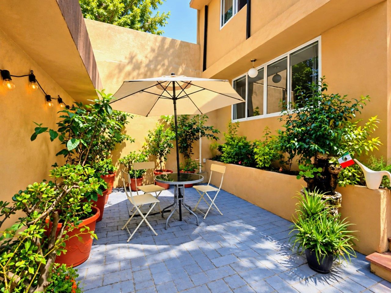 An outdoor patio with a round table and chairs, surrounded by potted plants and a flag.