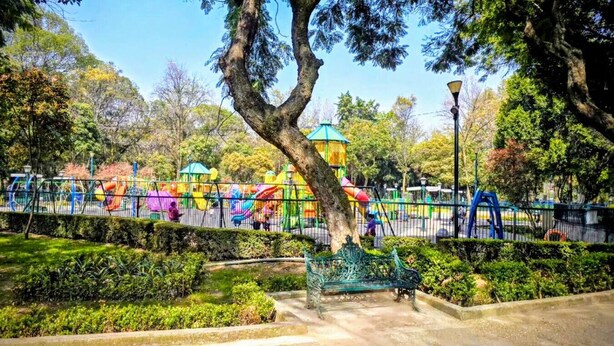 Un parc avec des jeux pour enfants, un grand arbre et un banc.