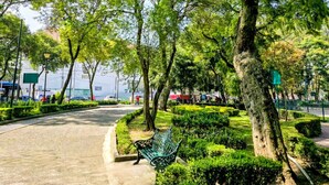 A park with a paved walkway, a green bench, and neatly trimmed bushes. - Suite roja céntrica ideal para conocer la ciudad (Mexico City)