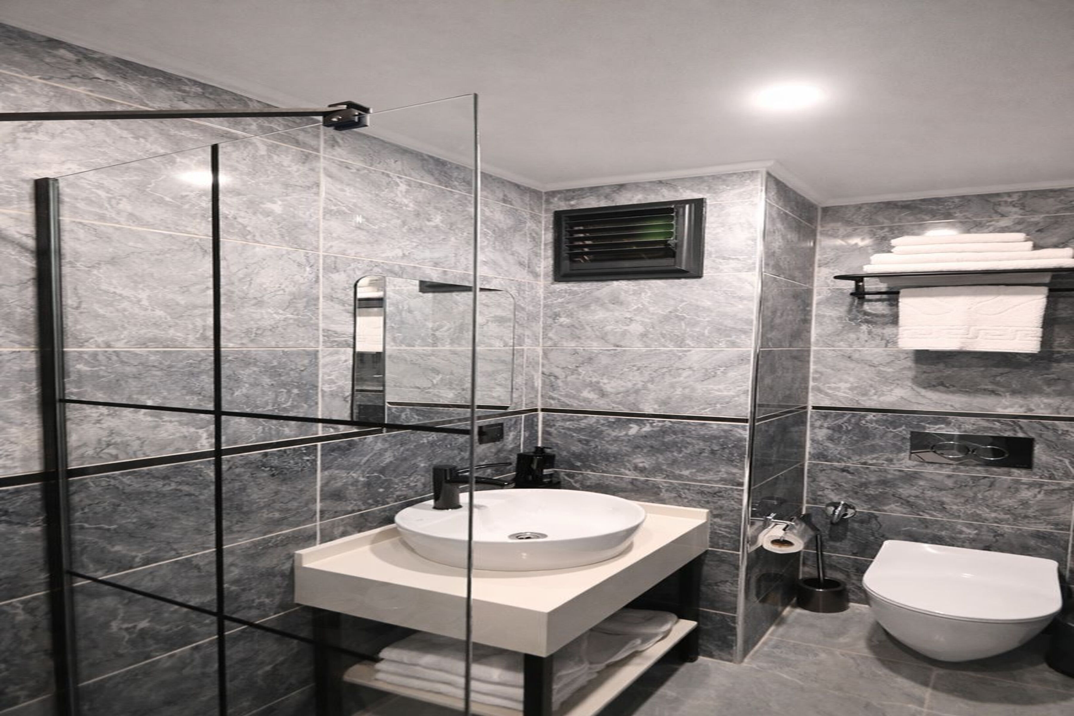 A modern bathroom with a glass-enclosed shower, a white sink, and a toilet.