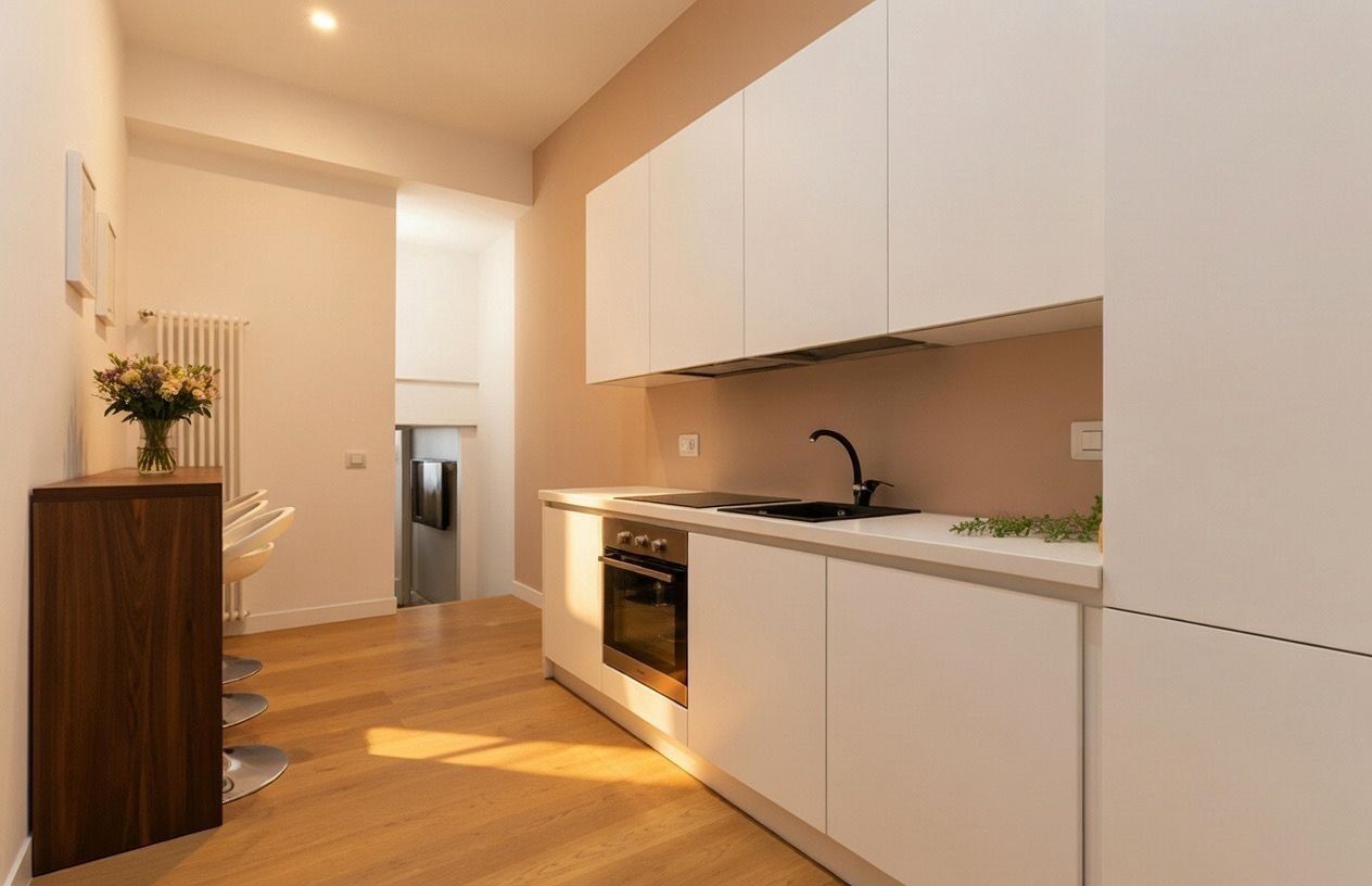 A modern kitchen with white cabinets, a stainless steel oven, and a black sink.