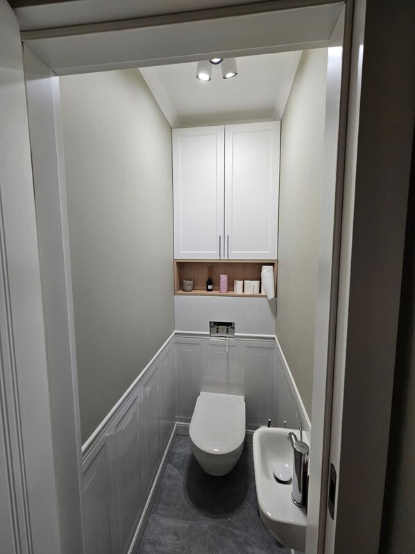 A narrow bathroom with a toilet, bidet, and storage cabinet. - Mariacka Deluxe - Old Town by GrandApart (Gdańsk)