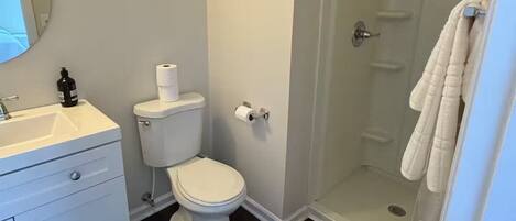 A bathroom with a toilet, sink, and shower.
