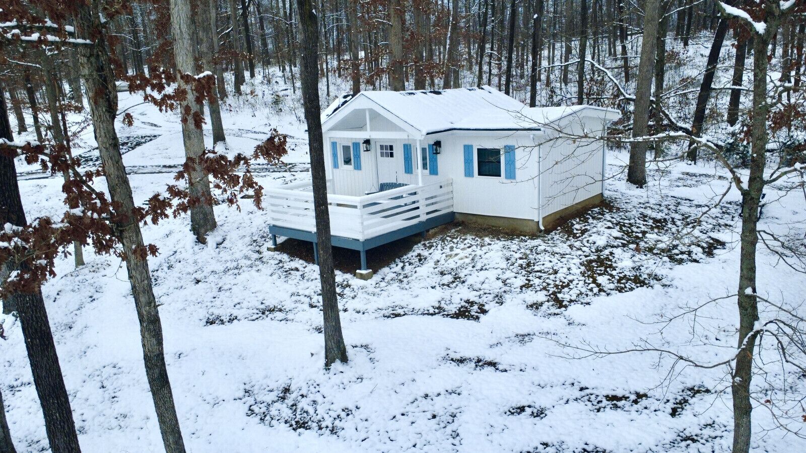 Una cabaña pequeña y blanca con detalles azules, rodeada por un bosque nevado.