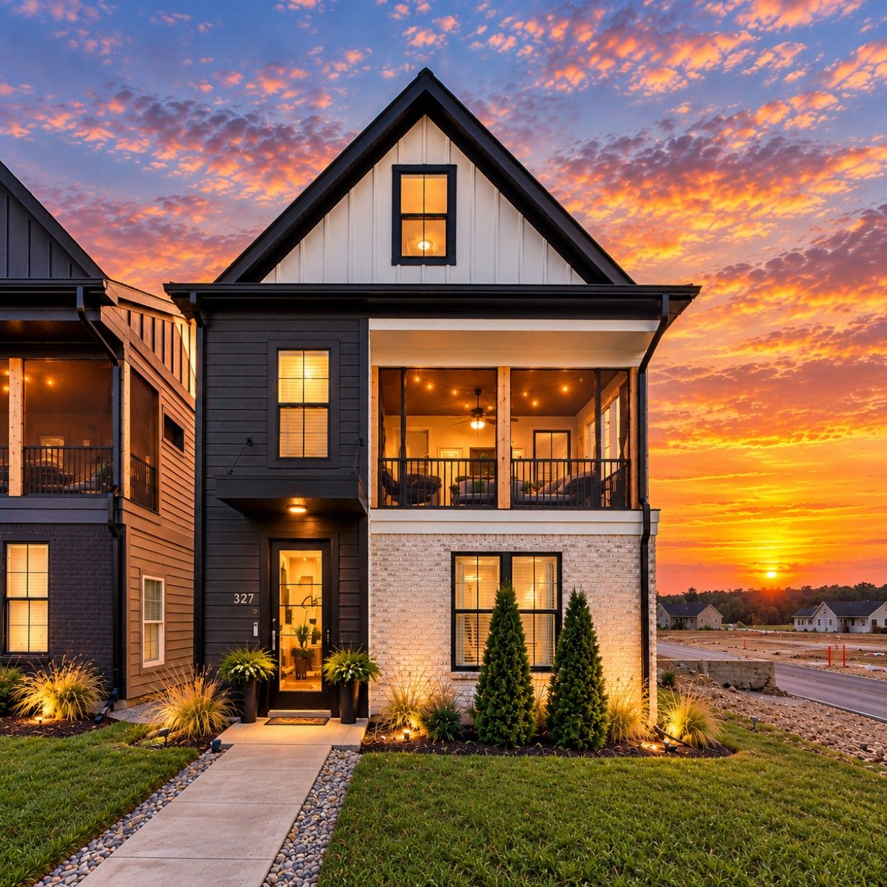A two-story house with a balcony, a front entrance, and a driveway.