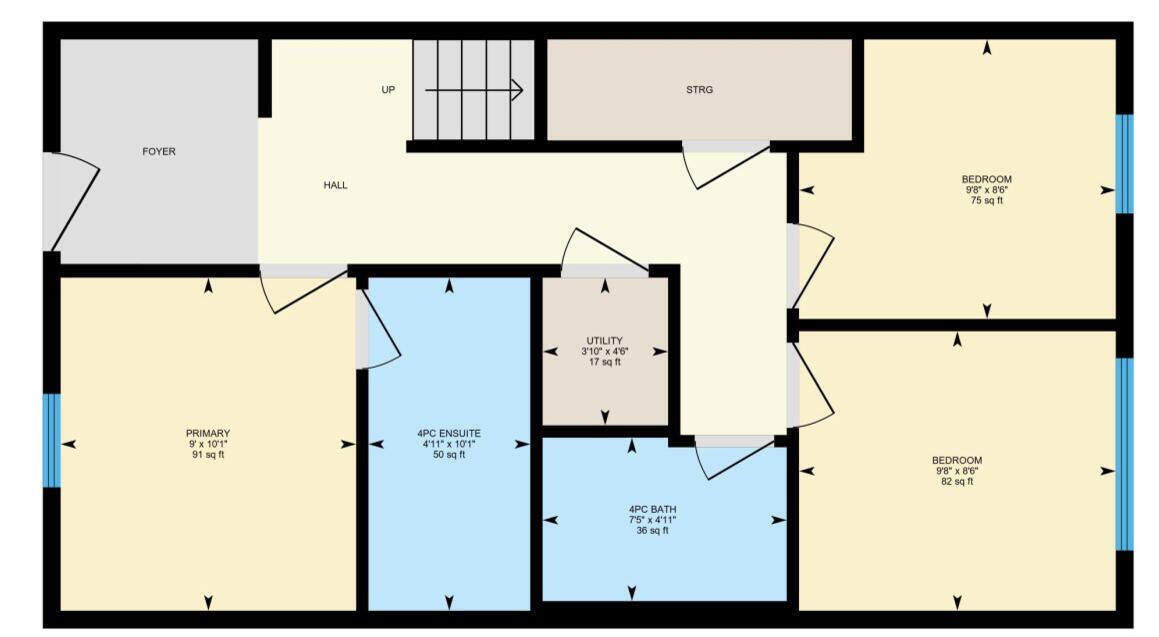 Plano de planta de un hotel con una habitación principal, dos dormitorios, un cuarto de servicio, un baño completo privado, un baño completo, un vestíbulo, un pasillo y un STRG.