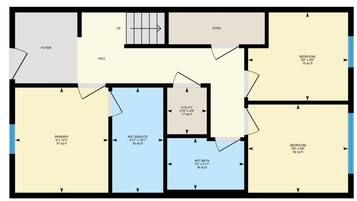 Plano de planta de un hotel con una habitación principal, dos dormitorios, un cuarto de servicio, un baño completo privado, un baño completo, un vestíbulo, un pasillo y un STRG.