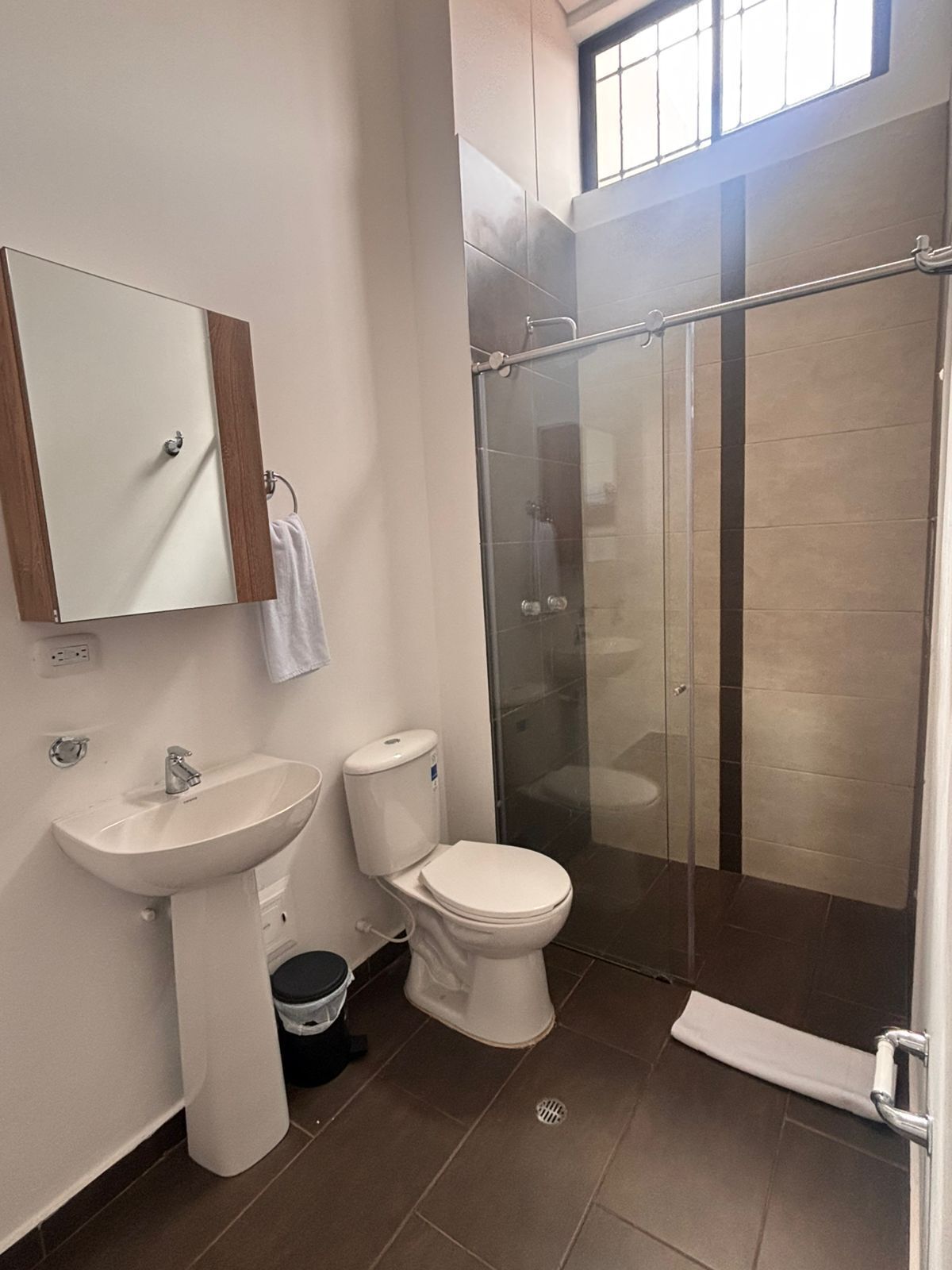 A bathroom with a sink, toilet, and glass shower enclosure.