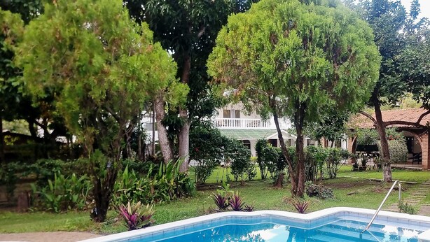 Una piscina rodeada de exuberante vegetación y un edificio al fondo.