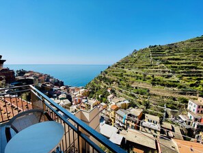 Un balcón con vistas a casas escalonadas y al mar.