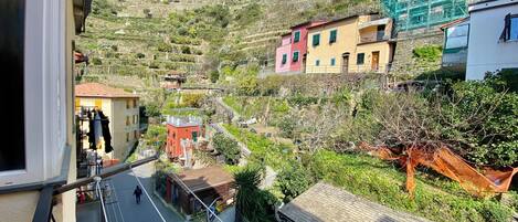 A hillside village with terraced houses, a narrow street, and a person walking.