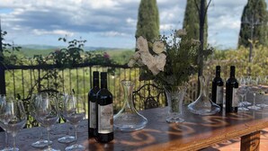 Tavolo apparecchiato all'aperto con bottiglie di vino e bicchieri, un vaso con fiori e vista sulla campagna.