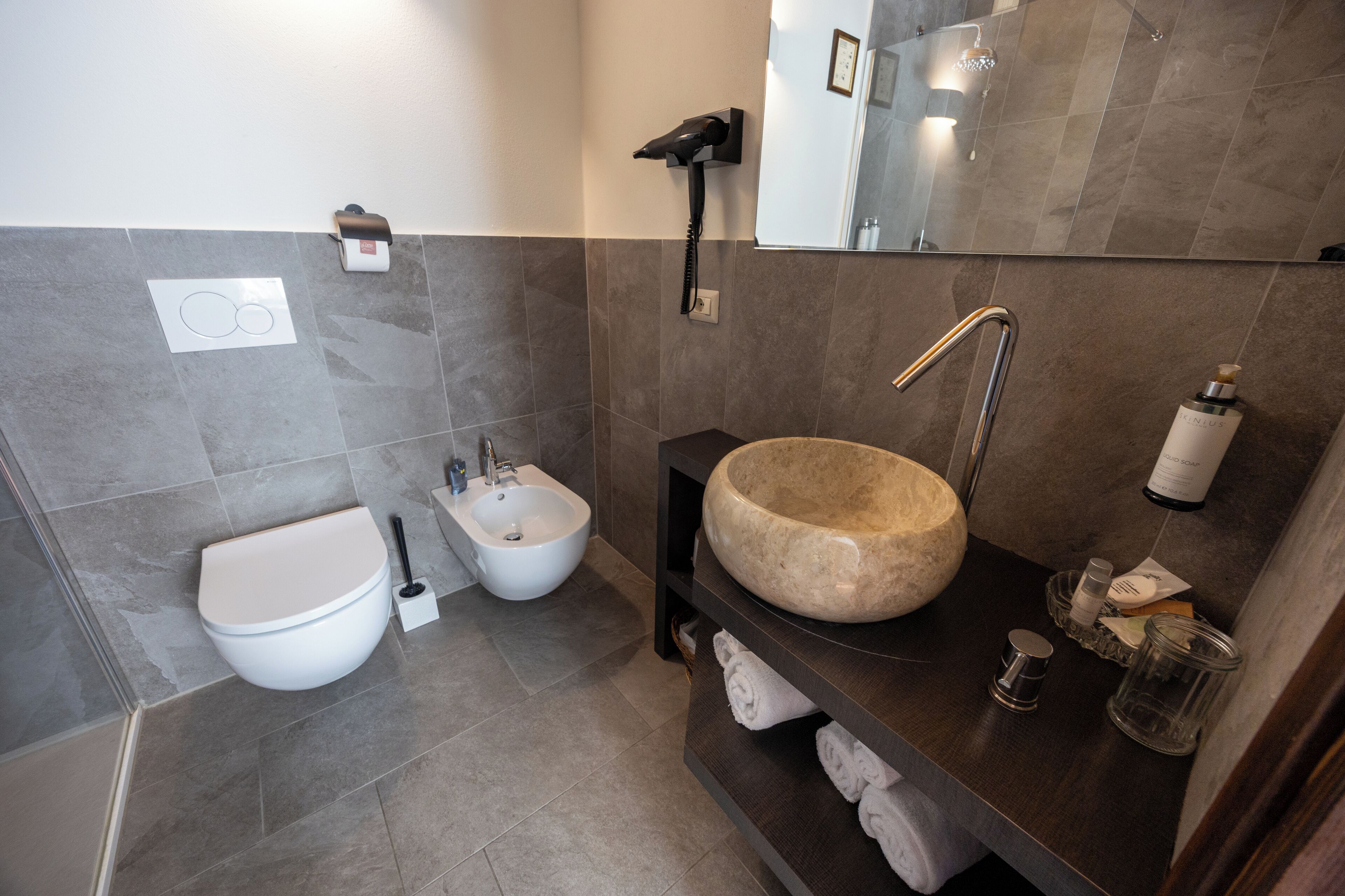 A modern bathroom with a bidet, a large sink, and a mirror.