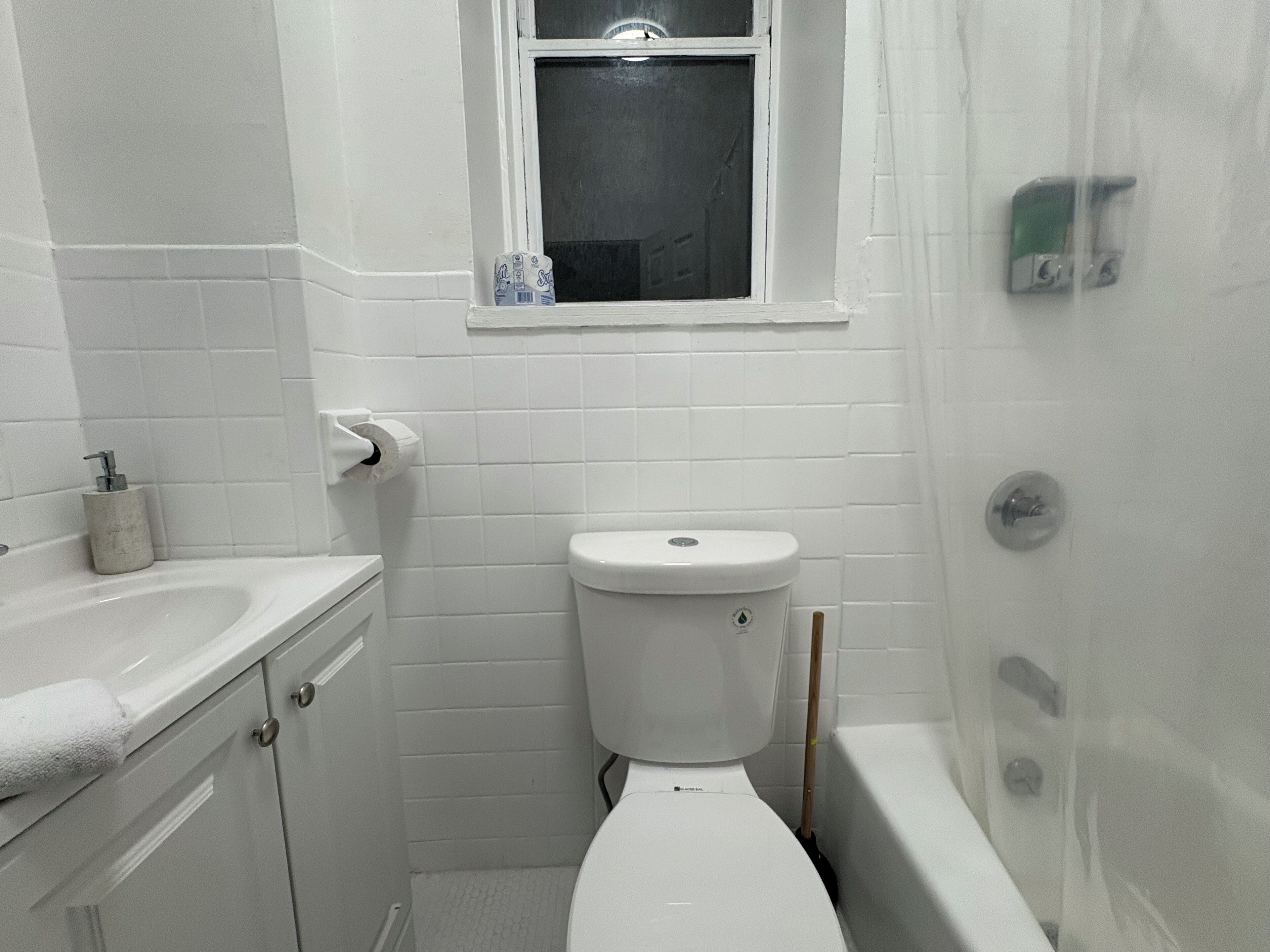 Hair dryer, towels, soap, toilet paper