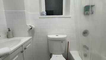 Hair dryer, towels, soap, toilet paper