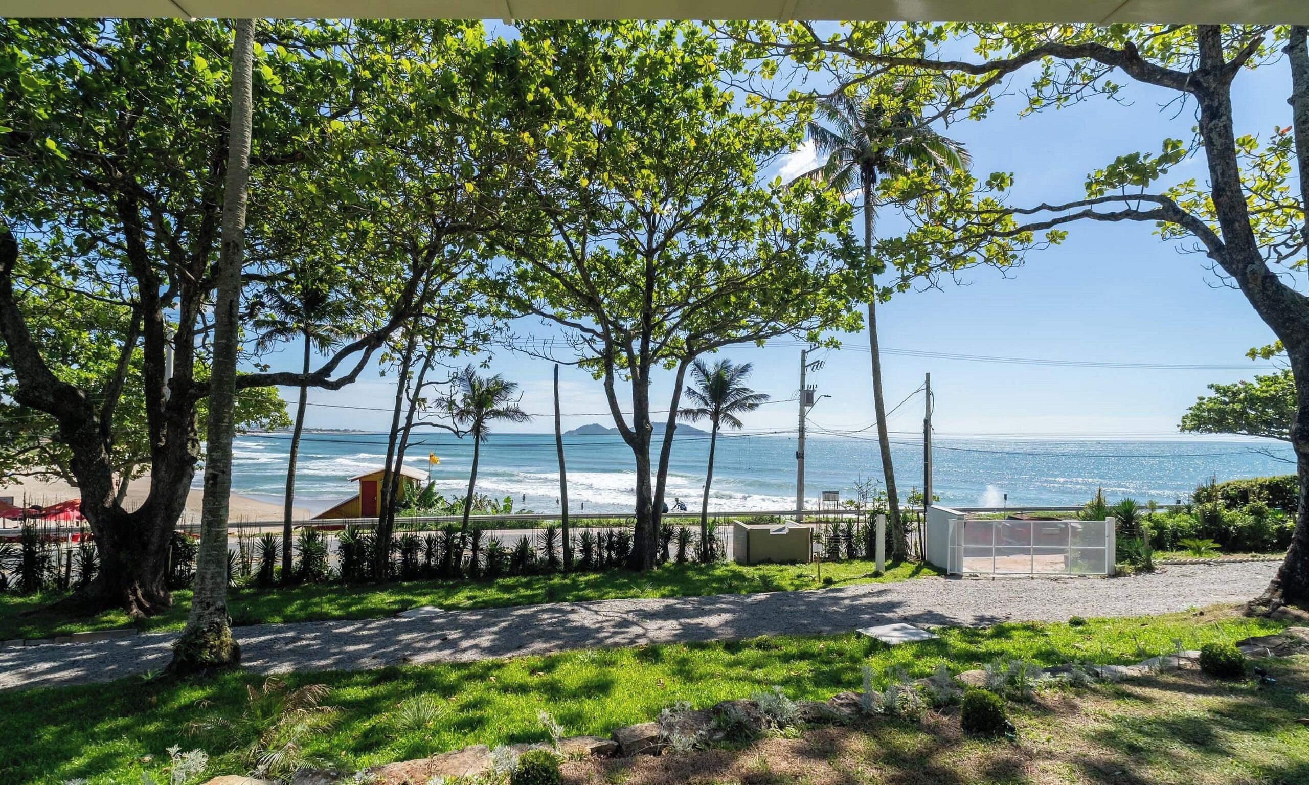 A coastal view with trees, a beach, and a clear sky.