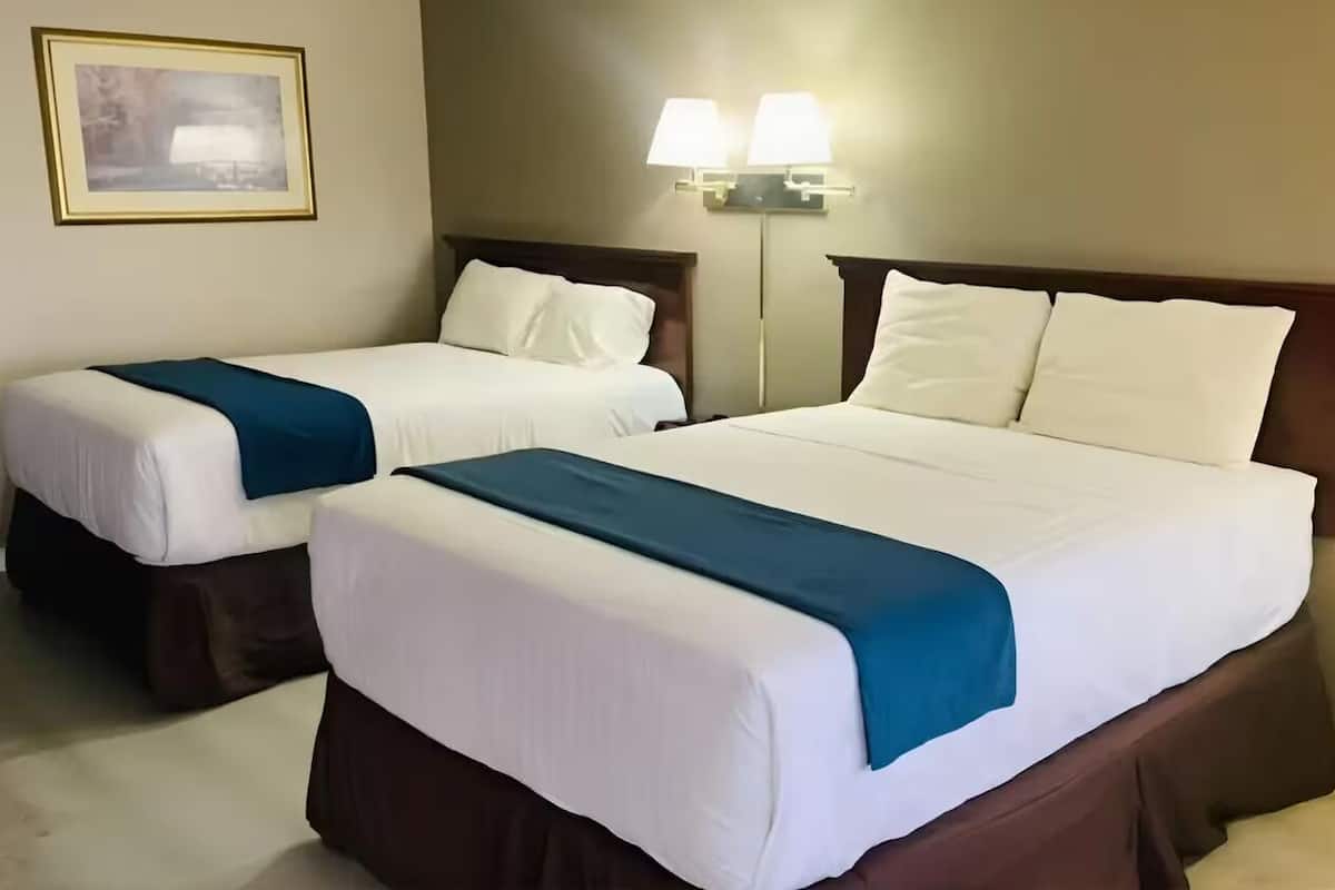 Two single beds with white linens and blue throw blankets, a wall-mounted lamp, and a framed picture on the wall.