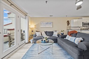 Smart TV, fireplace, books
