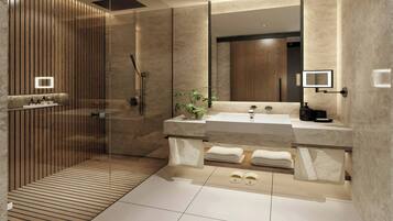 Separate bathtub and shower, eco-friendly toiletries, towels