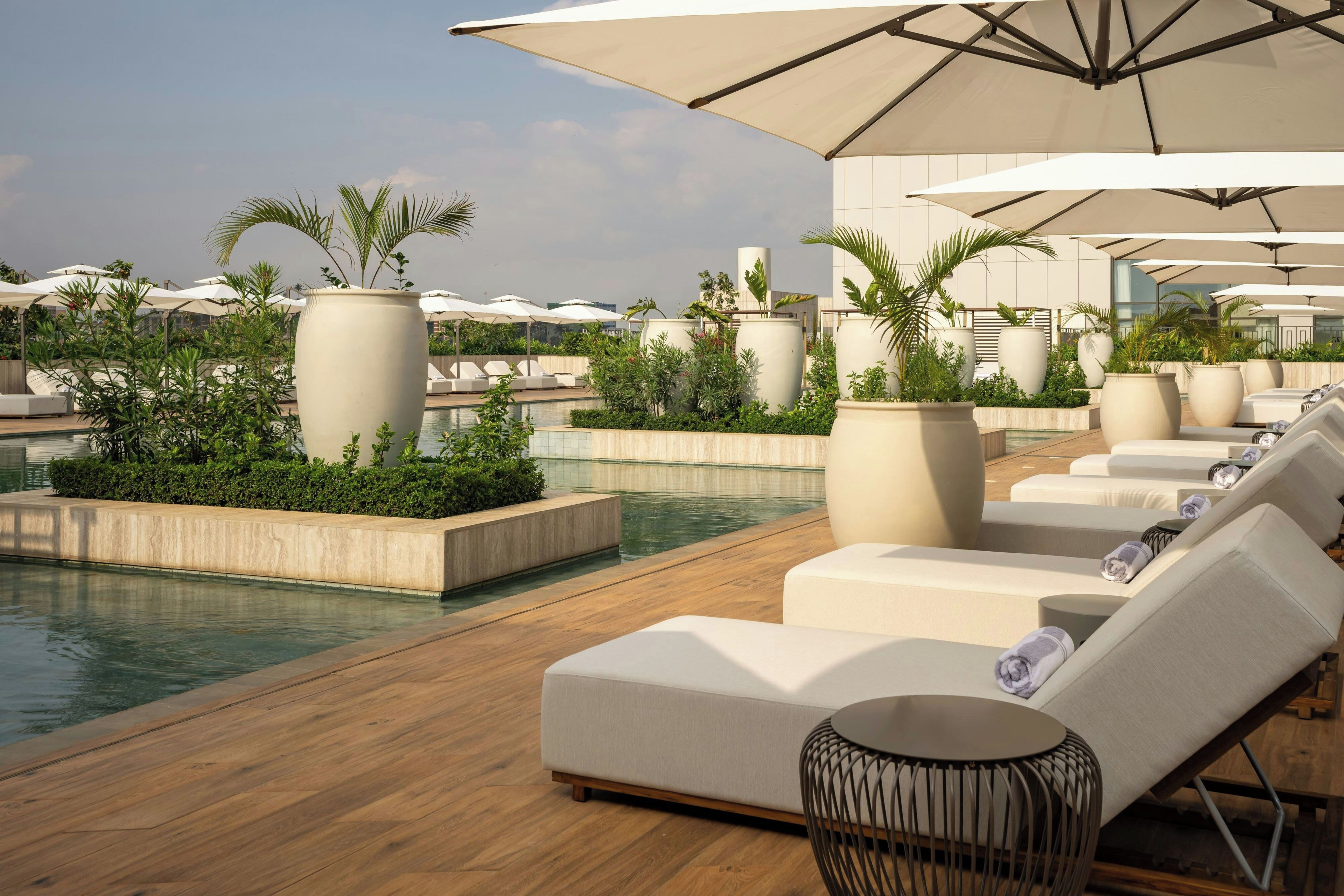 A rooftop pool area with lounge chairs, umbrellas, and potted plants.