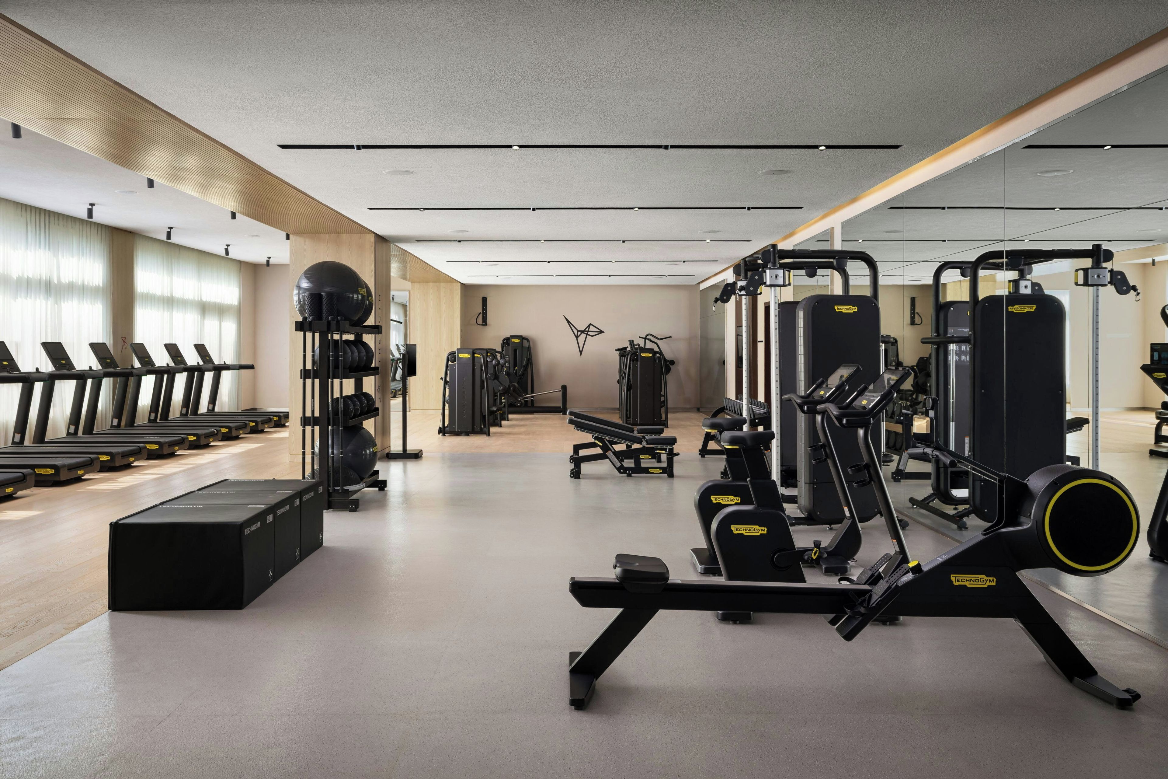 A modern gym with treadmills, weight machines, and free weights.