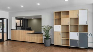 Un espace d’accueil comprenant un comptoir de réception en bois, une plante en pot et une grande étagère avec de nombreux compartiments.
