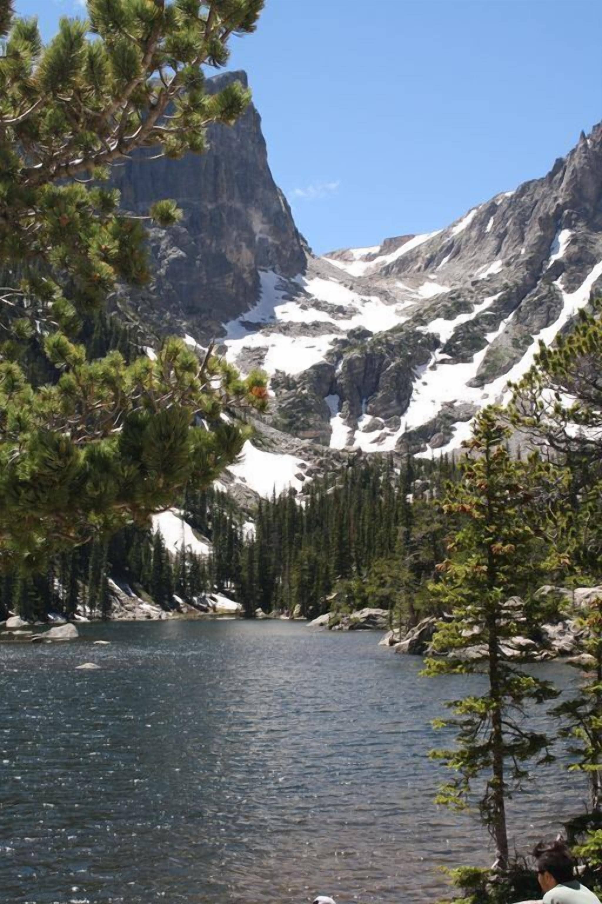 Um lago montanhoso com picos nevados e floresta densa.